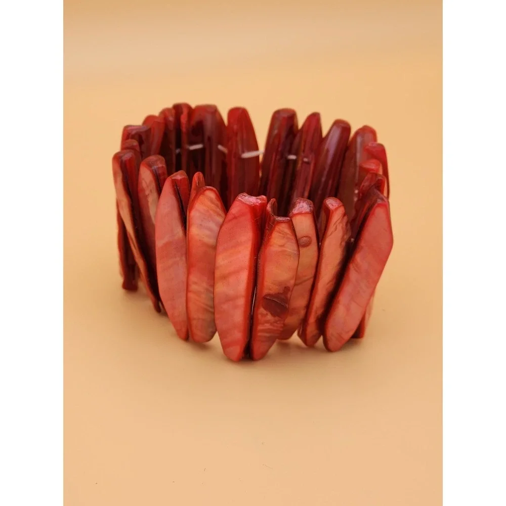Vtg Gorgeous Red Pink Natural Abolone Shell Wide Stretchy Bracelet FREE $HIPPING